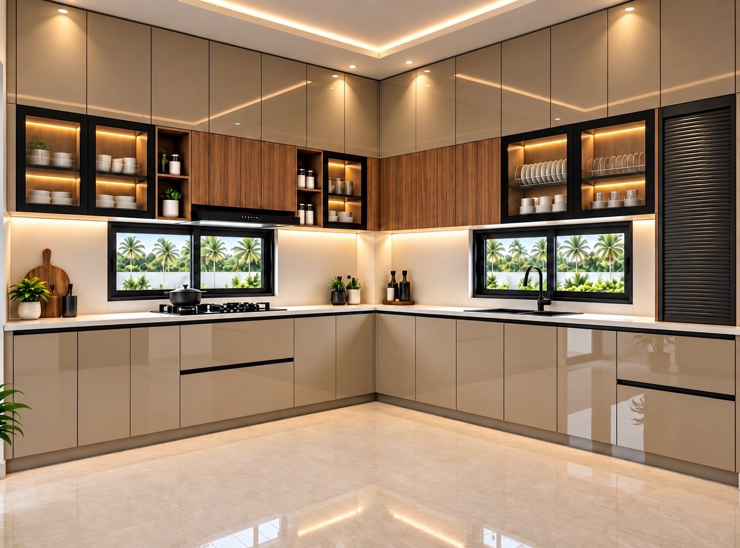 A beautifully crafted modular kitchen interior designed for seamless utility
