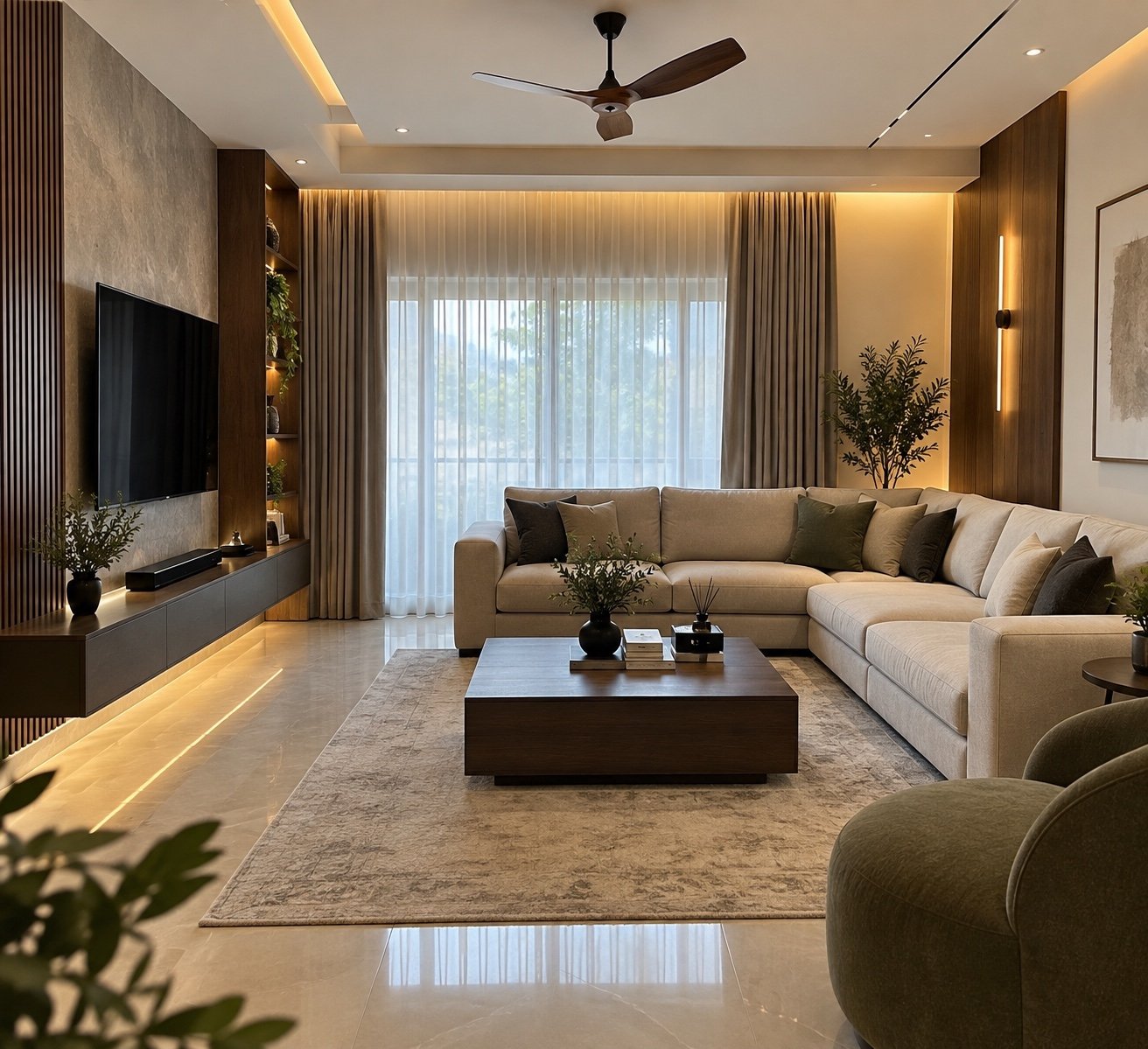 Suspended backlit media console and fluted oak wall panels